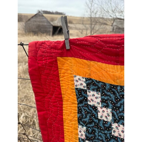 Vintage 1930s Fabric Postage Stamp Quilt 77.5x78" Rustic - Picture 5 of 16